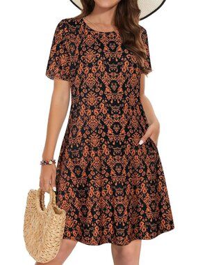 Women's Black Orange T-shirt Short Sleeve Floral Sundress Beach Cover Mini Dress